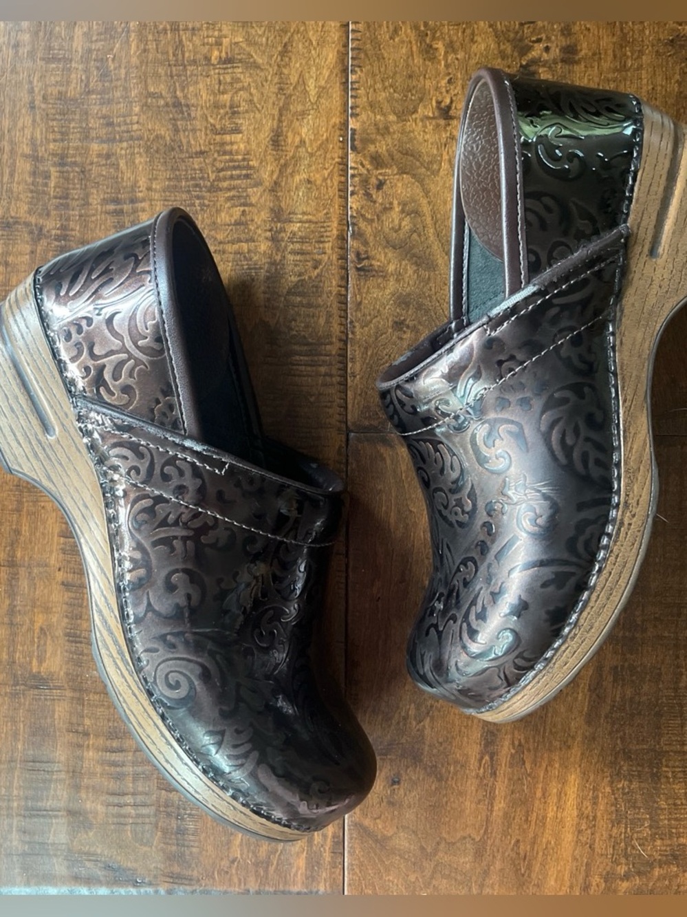 Dansko professional clogs, bronze patent leather with embossed damask scroll